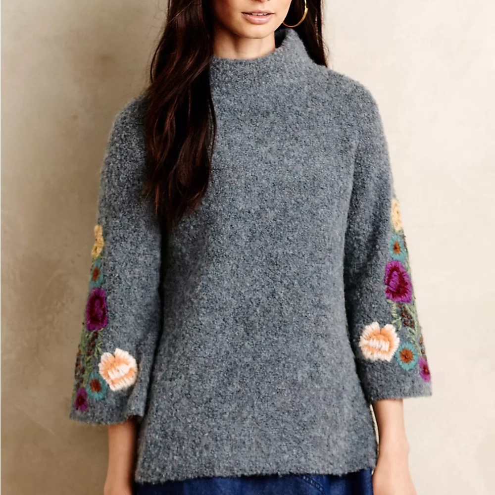 Anthro Sleeping on Snow Wool Mohair  Alpaca Blend Floral Embroidered Sweater - Picture 4 of 16